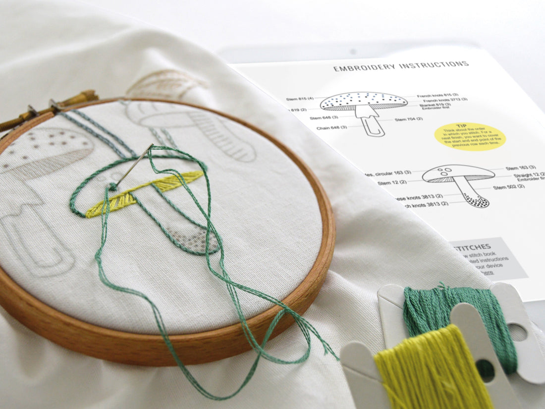 A tablet displaying a PDF embroidery pattern beside an embroidery hoop with stitching in progress.